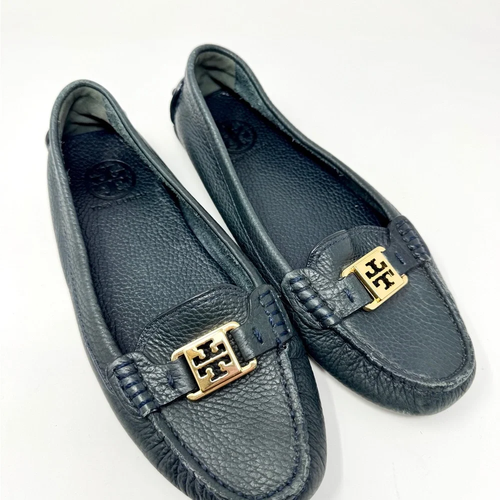 Tory Burch Kendrick Tumbled Leather Driver Loafers - Navy Blue size 7.5